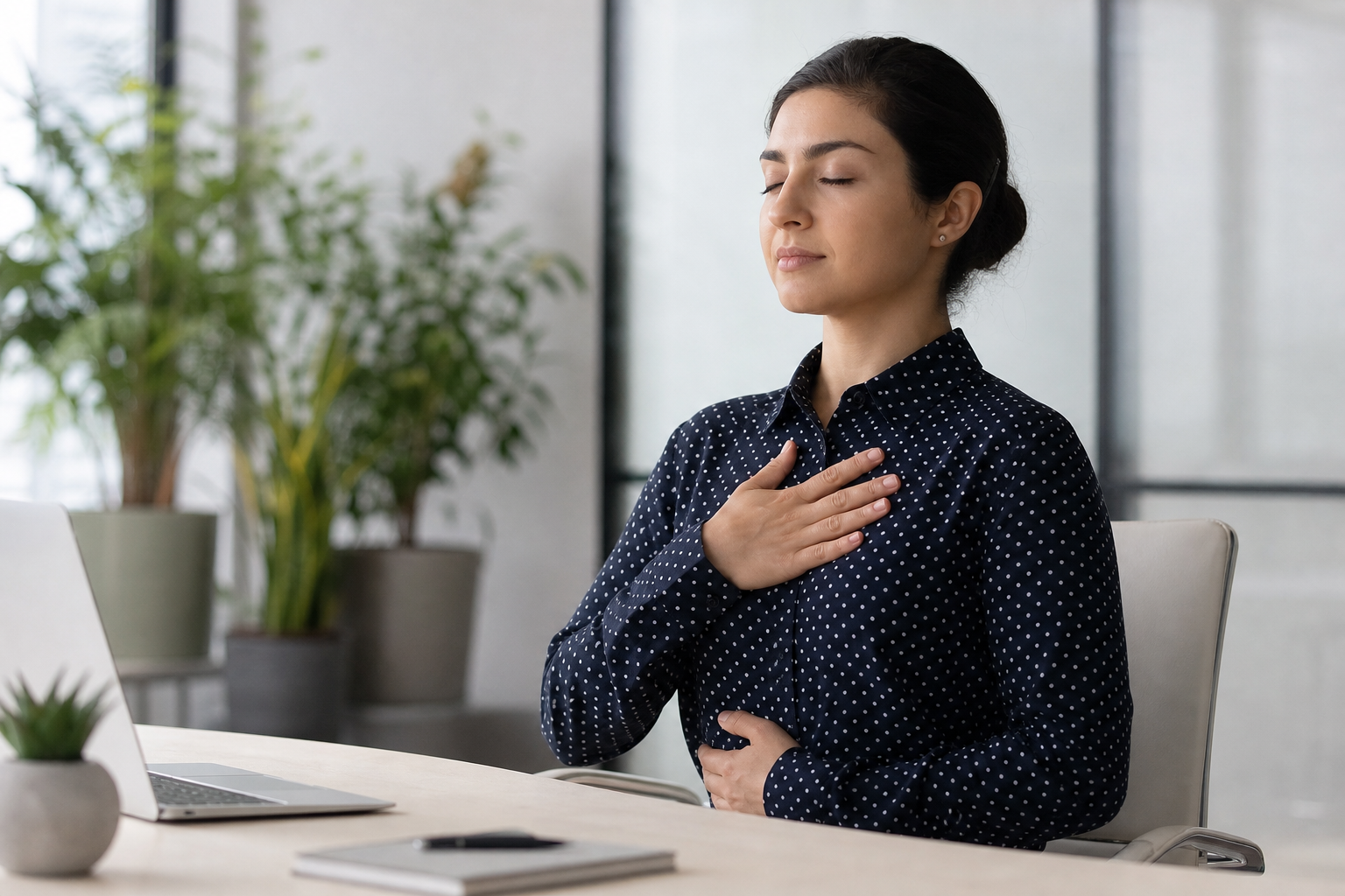 Calm breathing practice at office desk with Removalclean